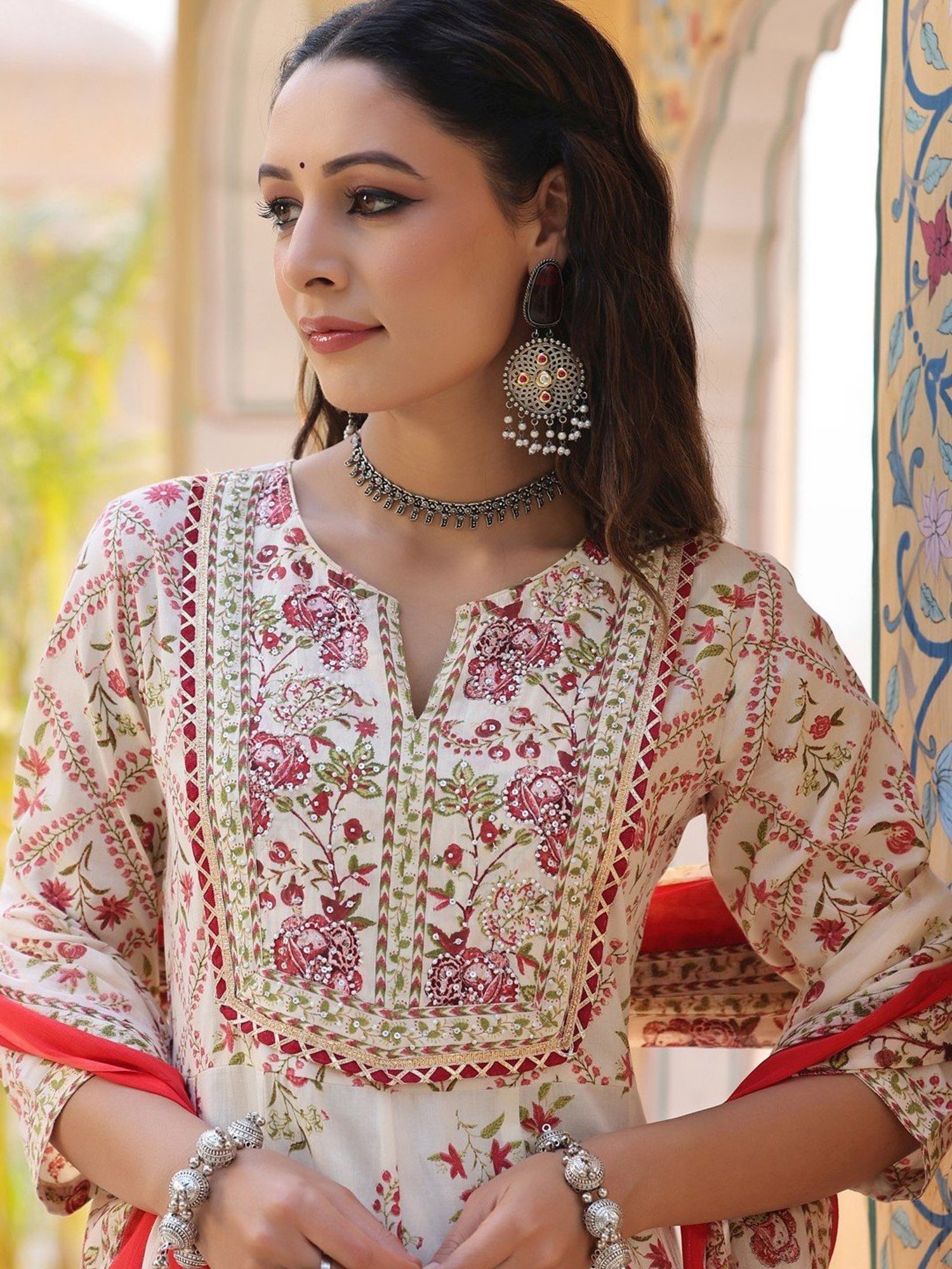 Rain and Rainbow Off-White Cotton Printed Kurta Pant Set With Dupatta