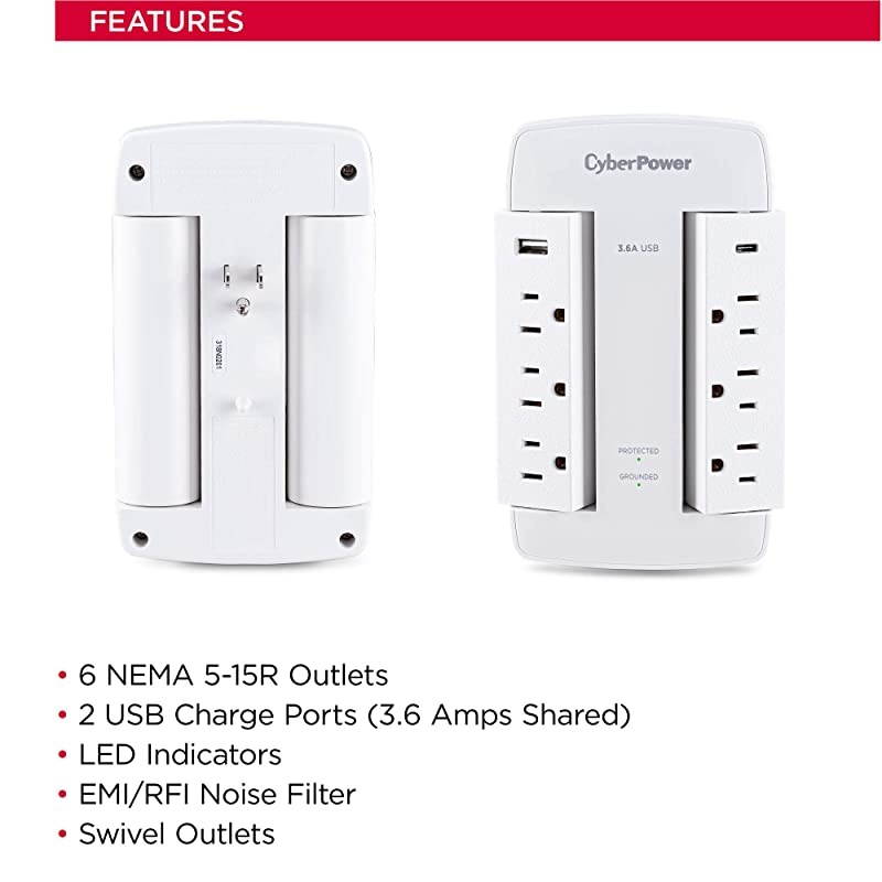 CSP600WSURC5 Professional Surge Protector 900J125V 6 Swivel Outlets 1 USBC Charge Port 1 USBA Charge Port White Wall Tap White Version