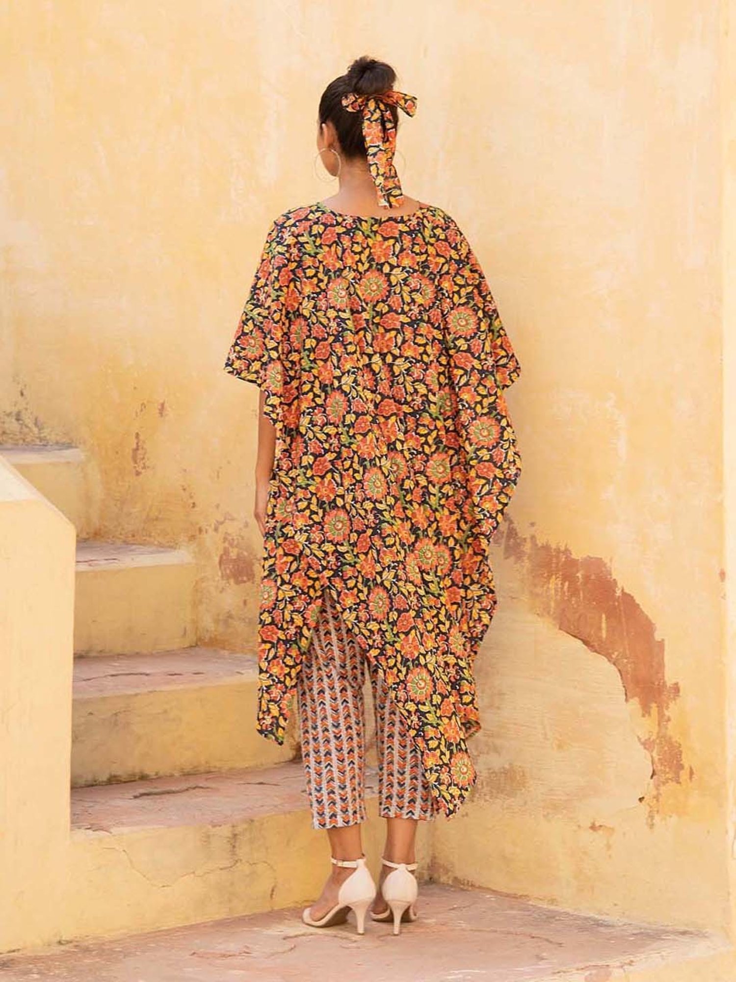 KAORI BY SHREYA AGARWAL Black & Mustard Cotton Printed Kaftan Pant Set