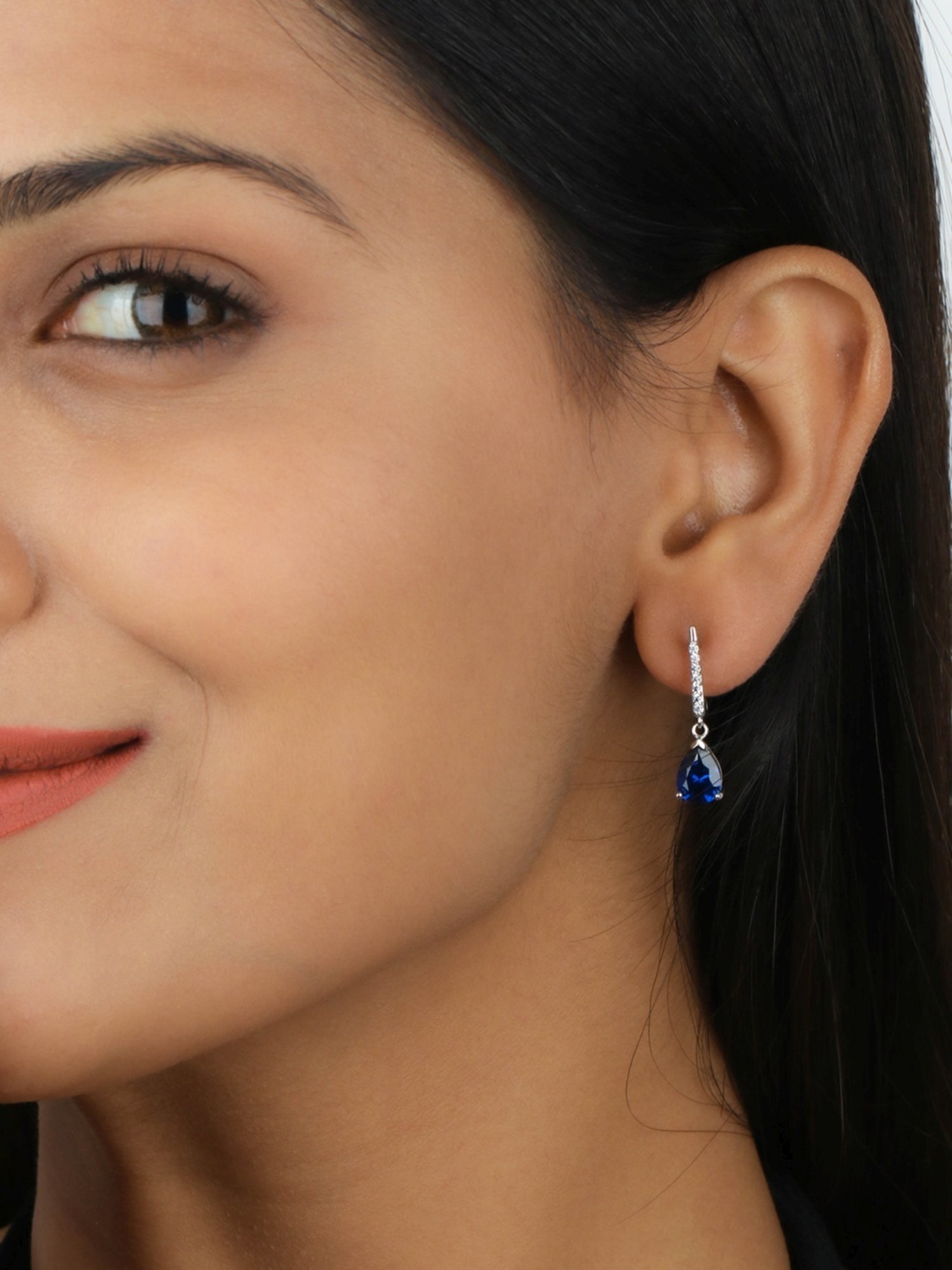 Ornate Jewels 925 Silver Pear Blue Sapphire and American Diamond Drop Dangle Earrings