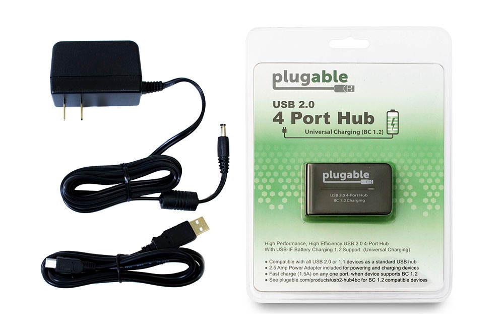Plugable USB 2.0 4-Port High Speed Hub with 12.5W Power Adapter.