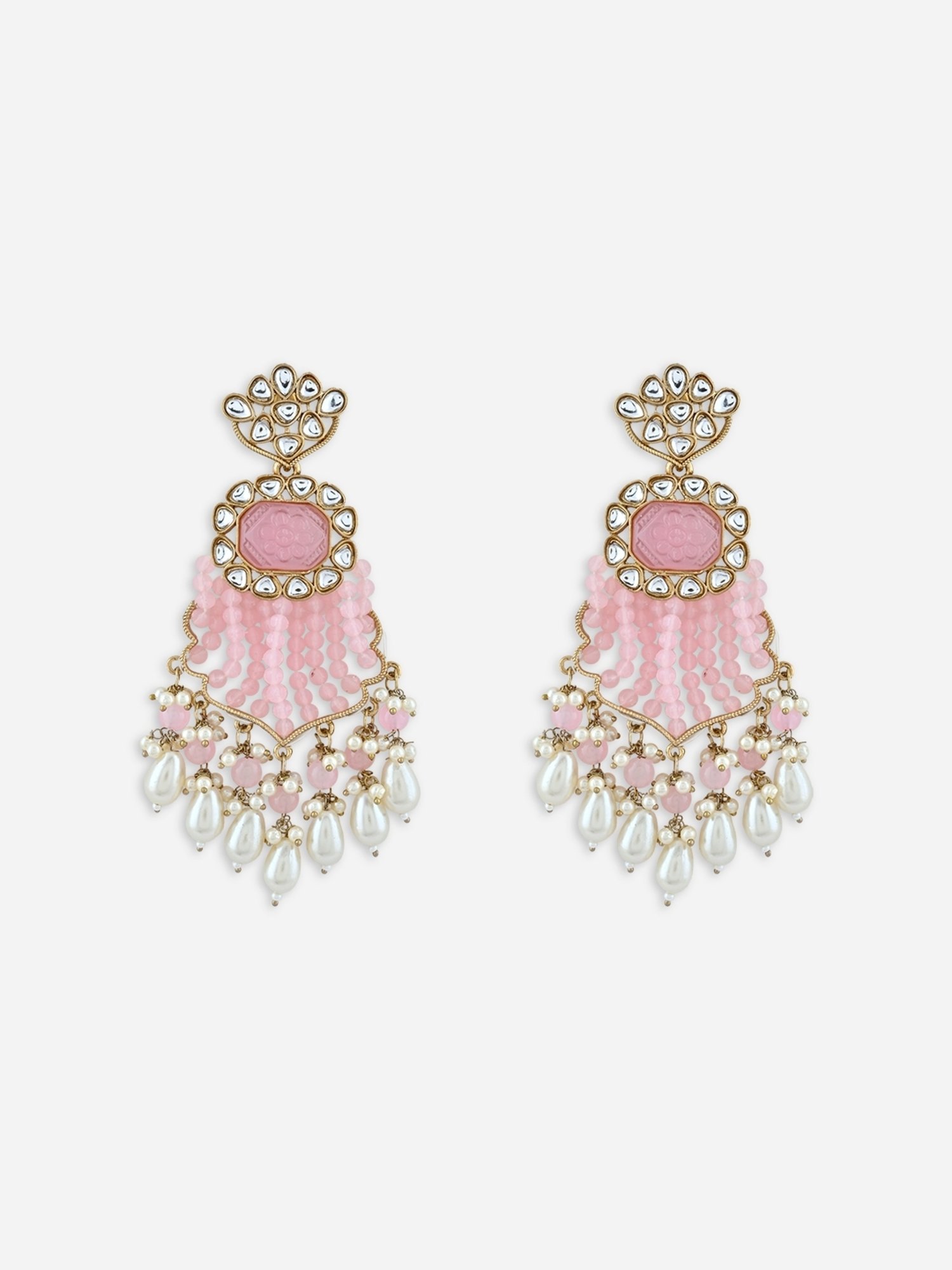 Fida Pink & White Pearl Kundan Dangler Earrings for Women
