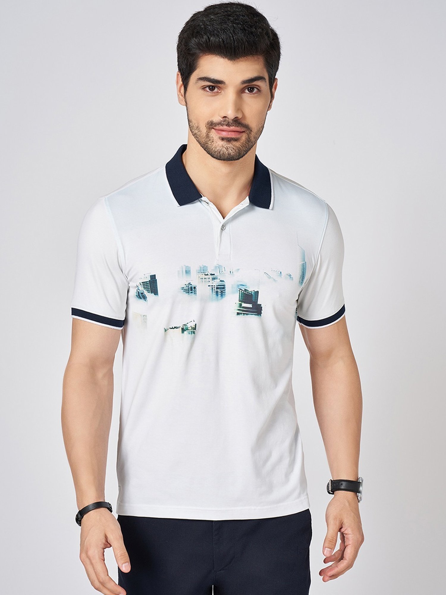Byford By Pantaloons White Cotton Slim Fit Printed Polo T-Shirt
