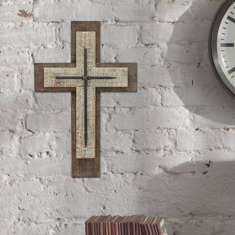 15.8" x 10.2" Decorative Wooden Cross Wall Art Worn White/Brown - Stonebriar Collection