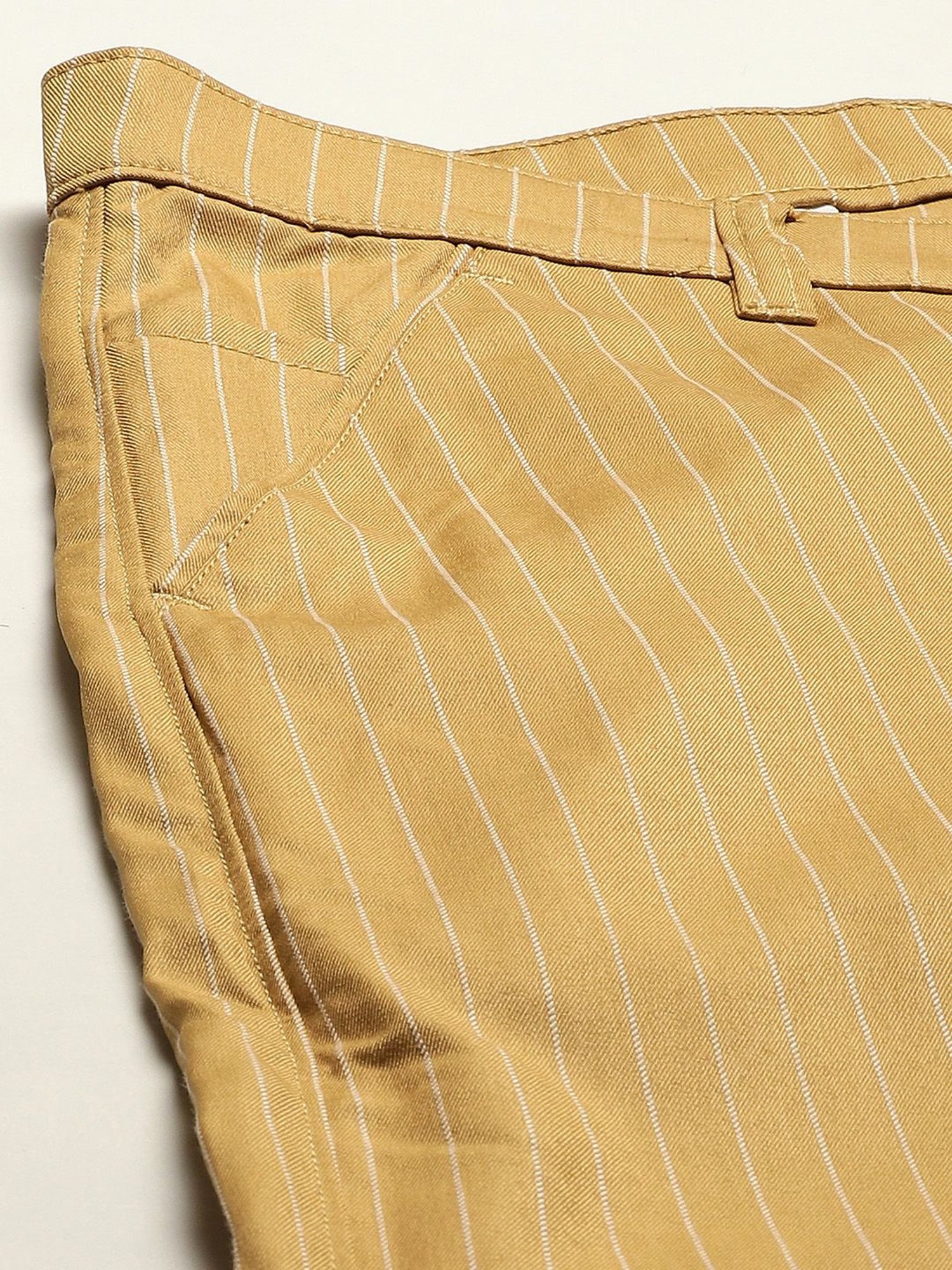Sojanya Gold Cotton Regular Slim Fit Striped Flat Front Trousers