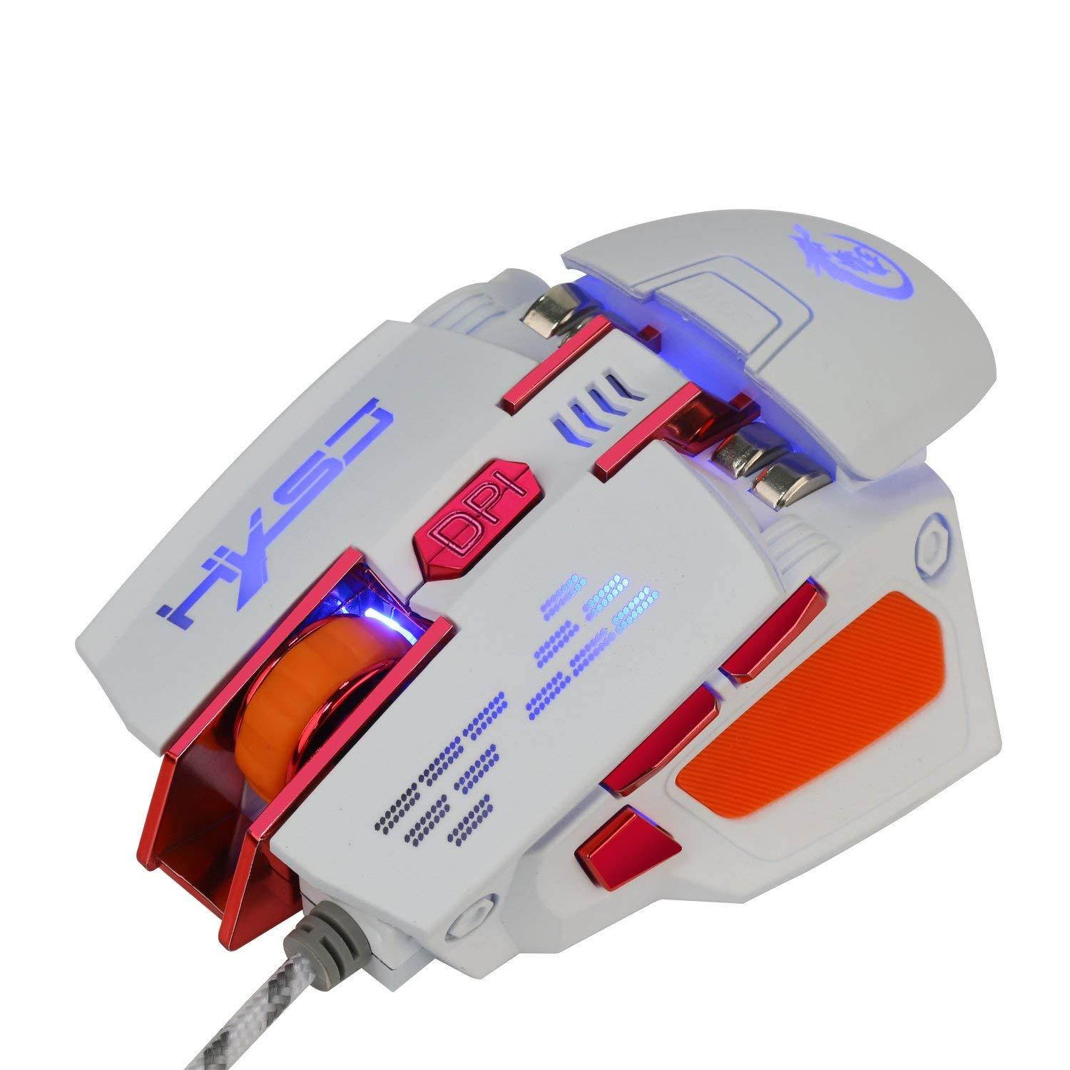 Tipmant Macro Programming Computer Game Mouse, Ergonomic Design, 7 Customize keys, Weight & DPI Adjustable (Maxi 4000 DPI) - White