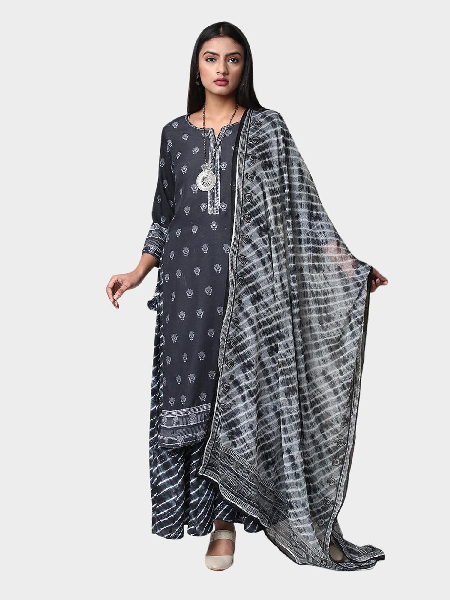 Biba Black Printed Kurta With Skirt & Dupatta