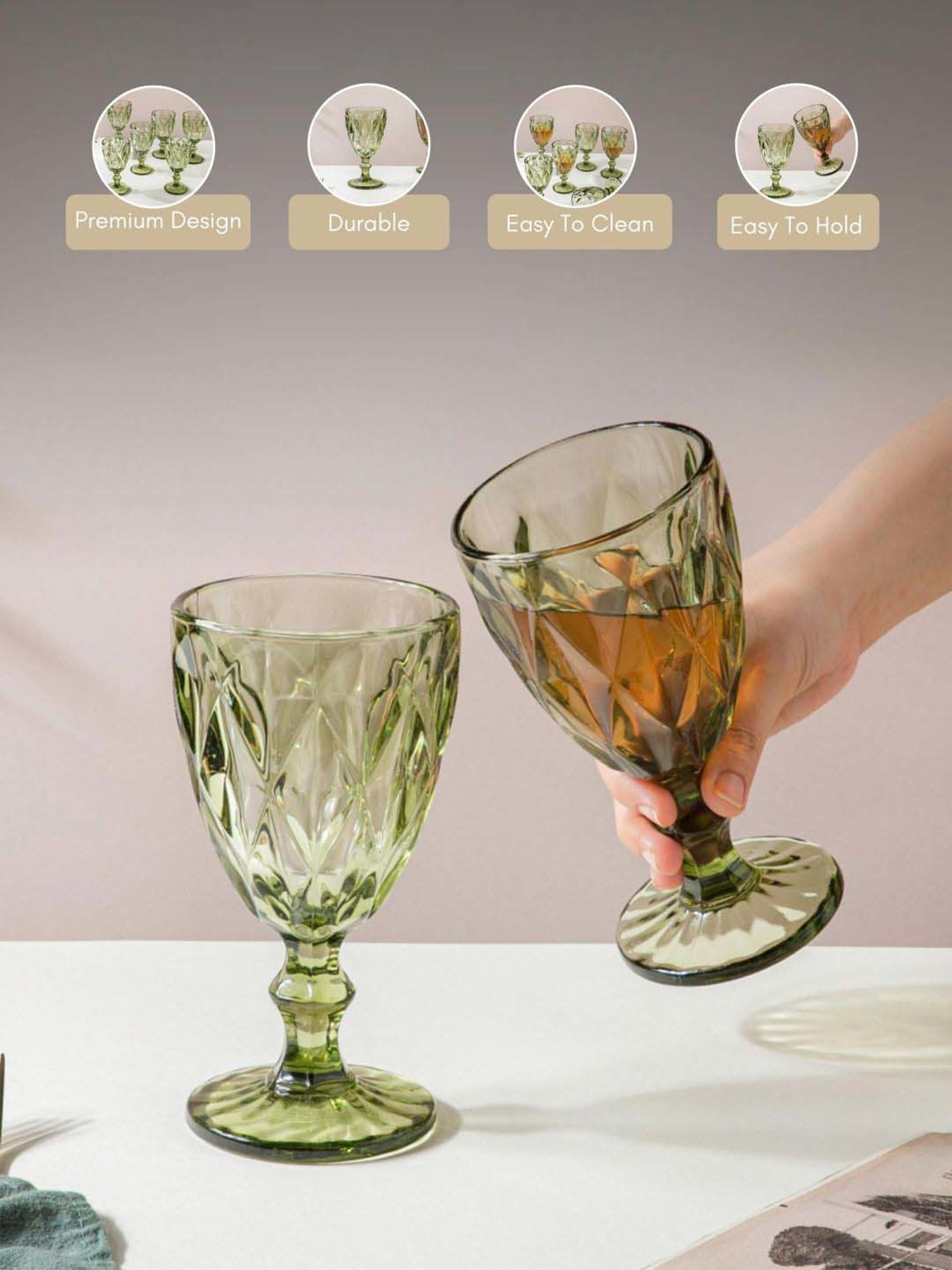 Nestasia high quality green Crystal Textured red wine Glasswareset with Stem(Set Of 6, each 300 ml)