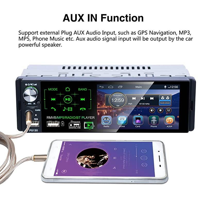 Single Din Car Stereo 41 Car Radio HD Touchscreen with Bluetooth USBMP3MP5AMFMRDS Radio Support Rear View Camera +External MicrophoneSubwooferSteering Wheel Control