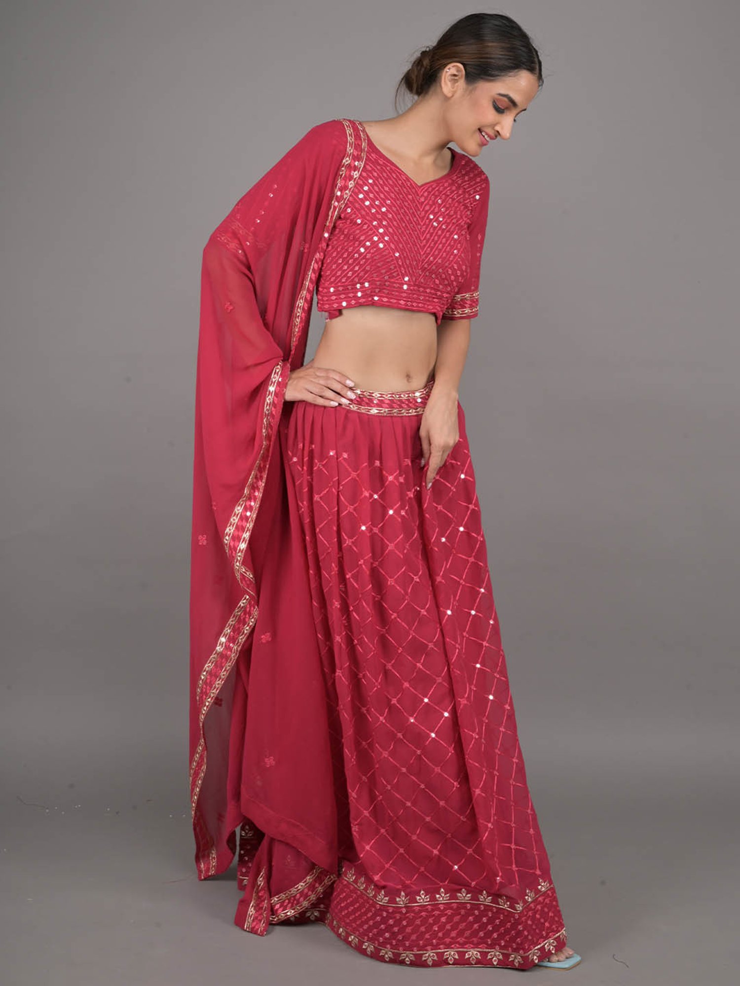 Odette Pink Embroidered Lehenga Choli Set With Dupatta