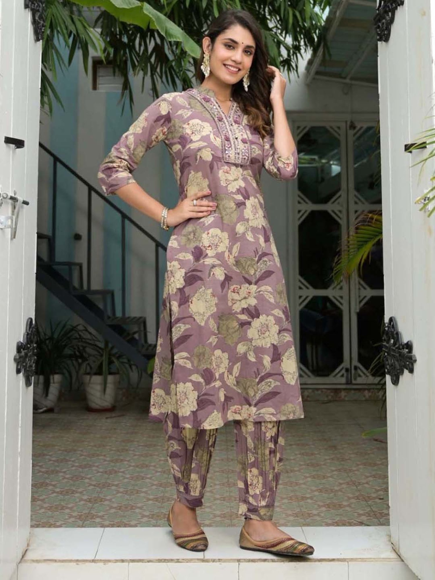 Varanga Purple Cotton Printed Kurta Salwar Set With Dupatta