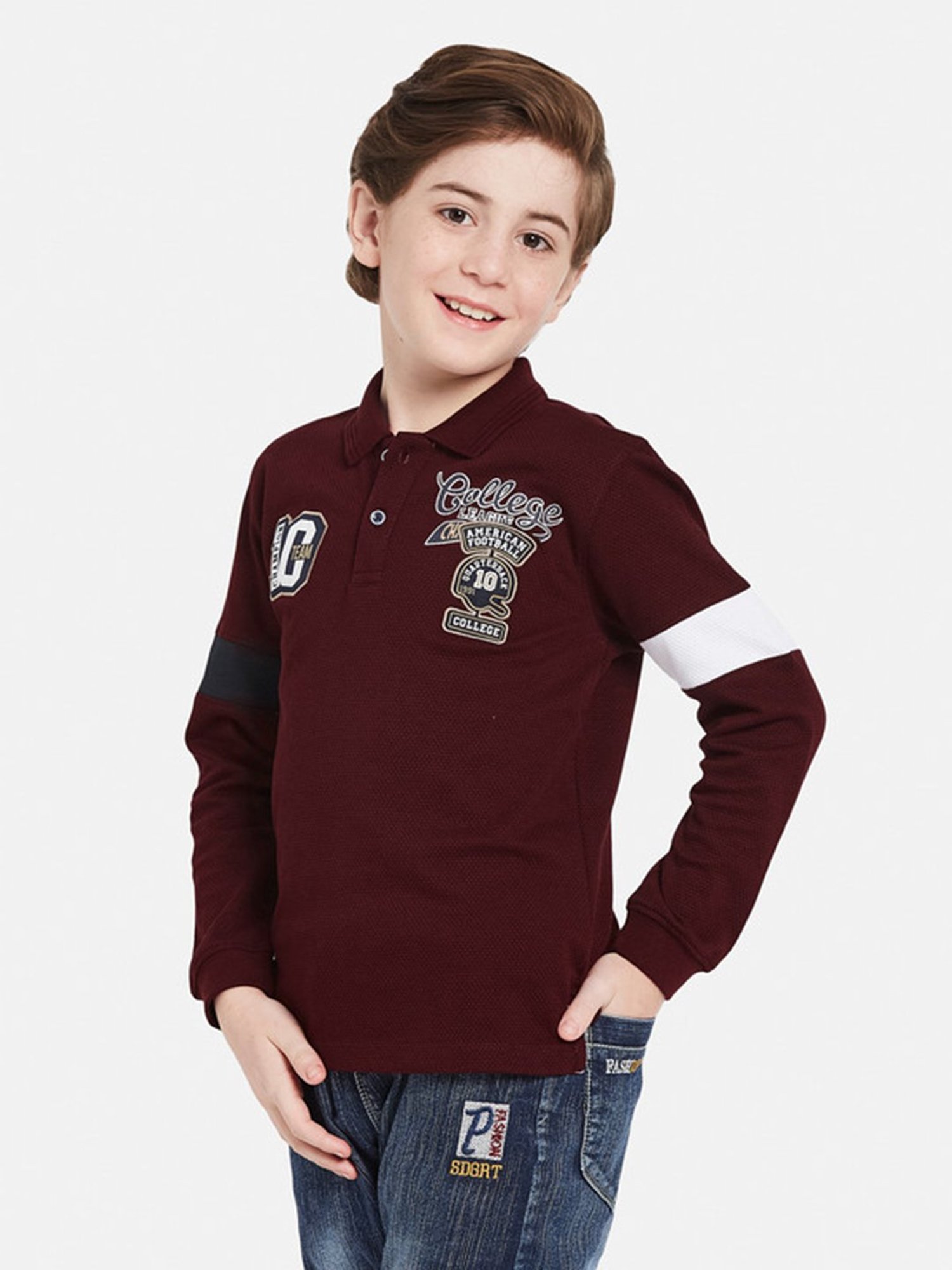 Octave Kids Maroon Graphic Print Full Sleeves Polo T-Shirt