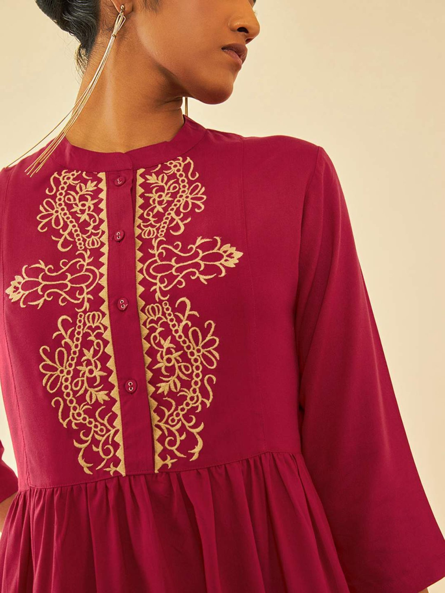 Soch Red Rayon Yoke Embroidery Tunic With Gathers