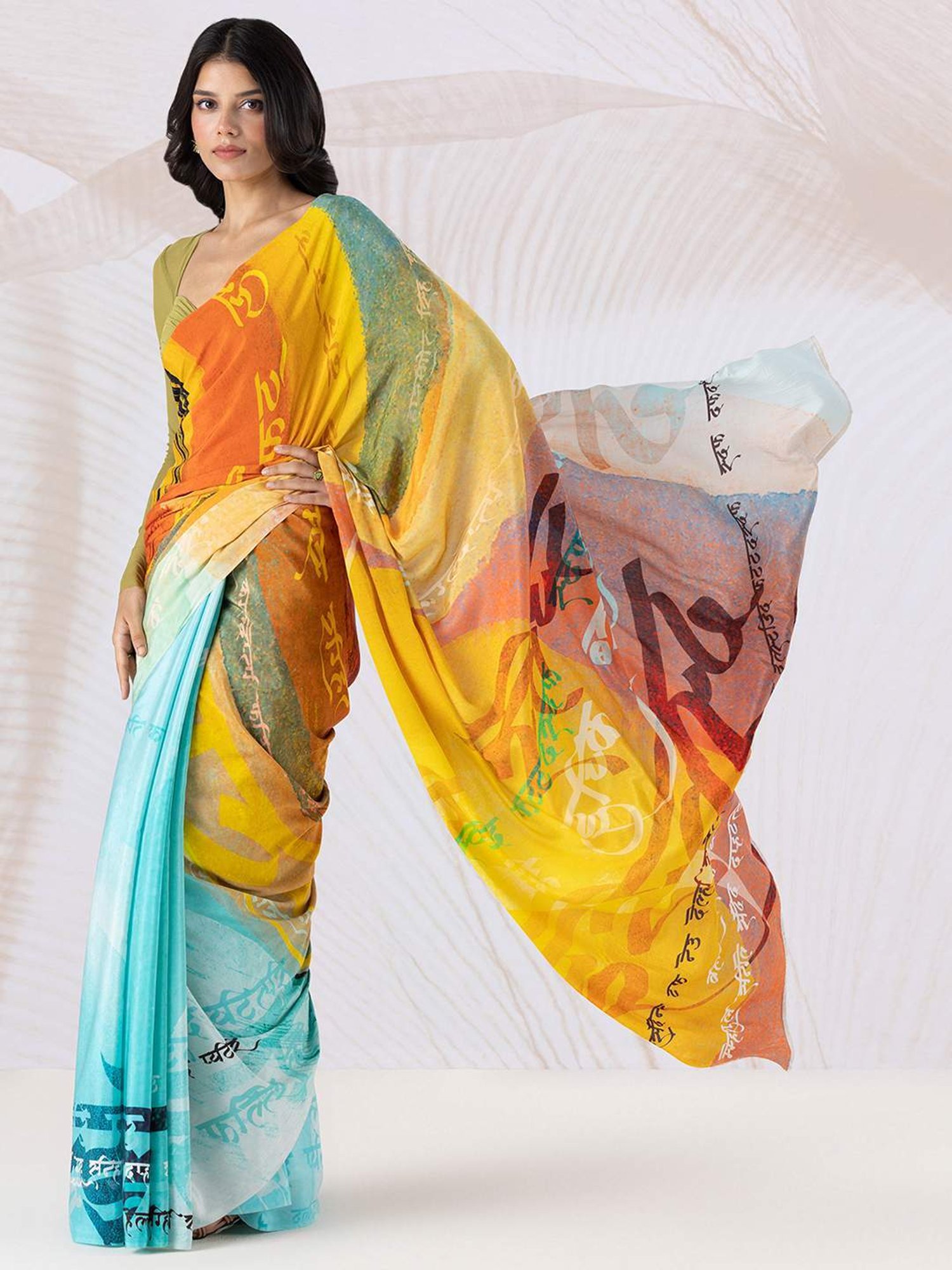 navyasa by liva Yellow & Blue Printed Saree With Unstitched Blouse