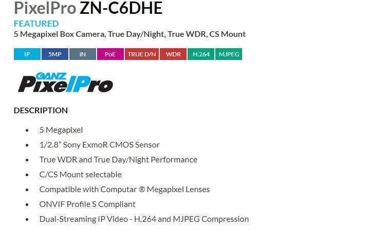 Computar Ganz  PixelPro ZN-C6DHE 5 Megapixel Box Camera, True Day/Night, True WDR, CS Mount