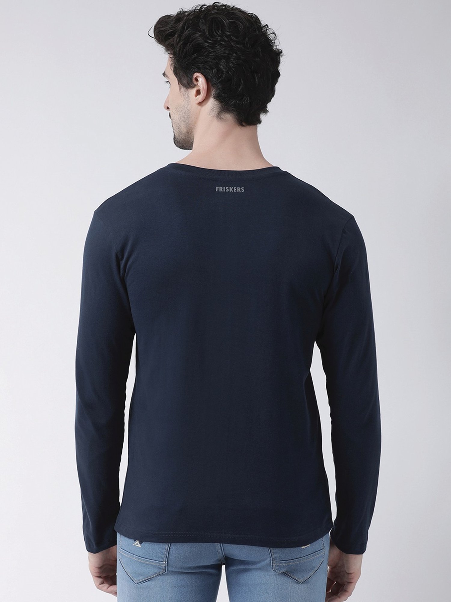 Friskers Navy Blue Cotton Slim Fit Printed T-Shirt