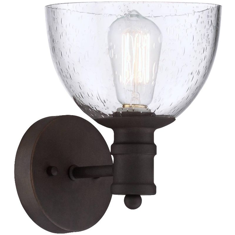 Franklin Iron Works Industrial Wall Light Sconce LED Bronze Hardwired 9 1/4" High Fixture Seedy Glass for Bedroom Bathroom Hallway