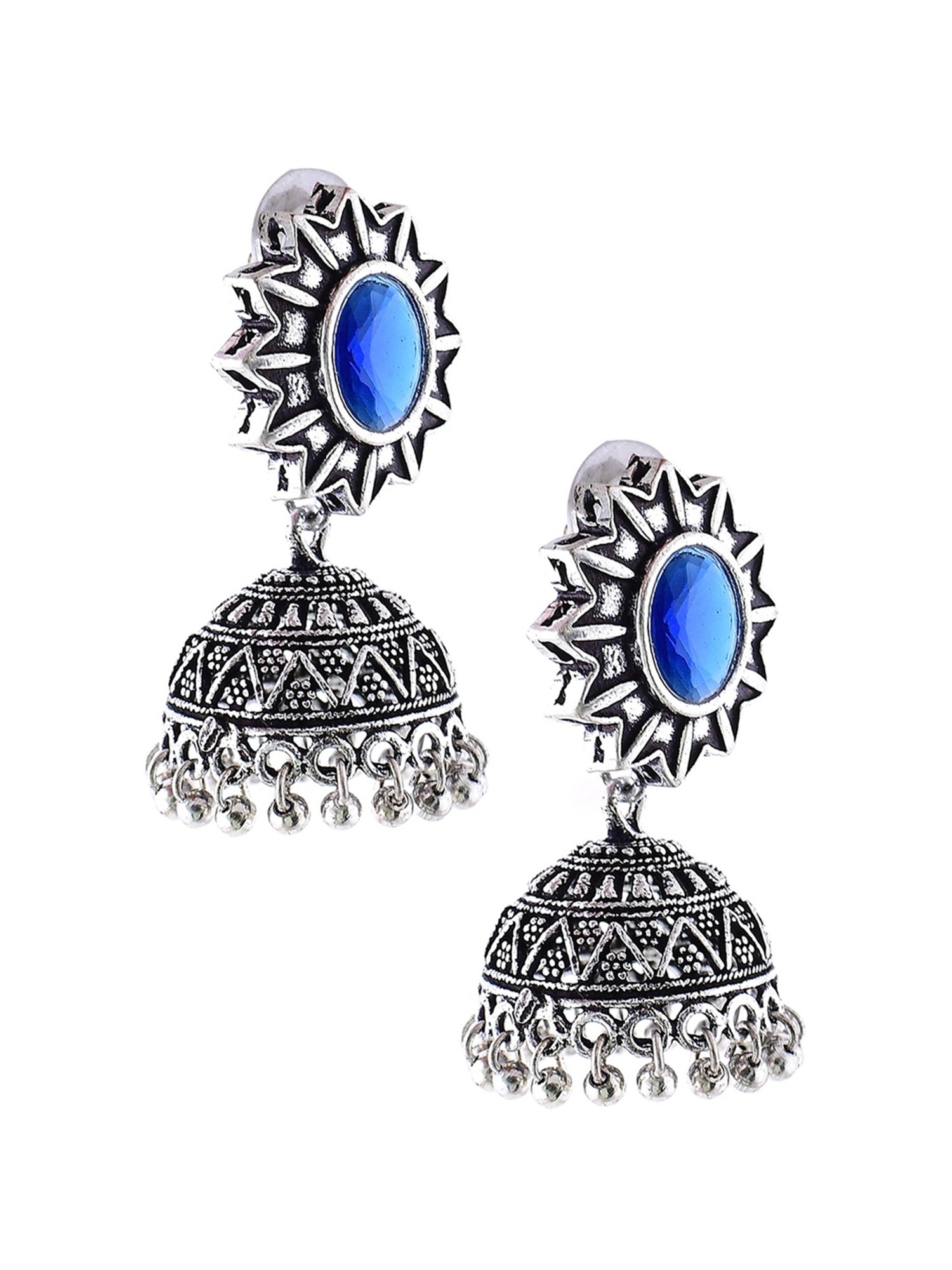 Imli Street Blue Silver Tone Stone-Studded Handcrafted Jhumki Earrings