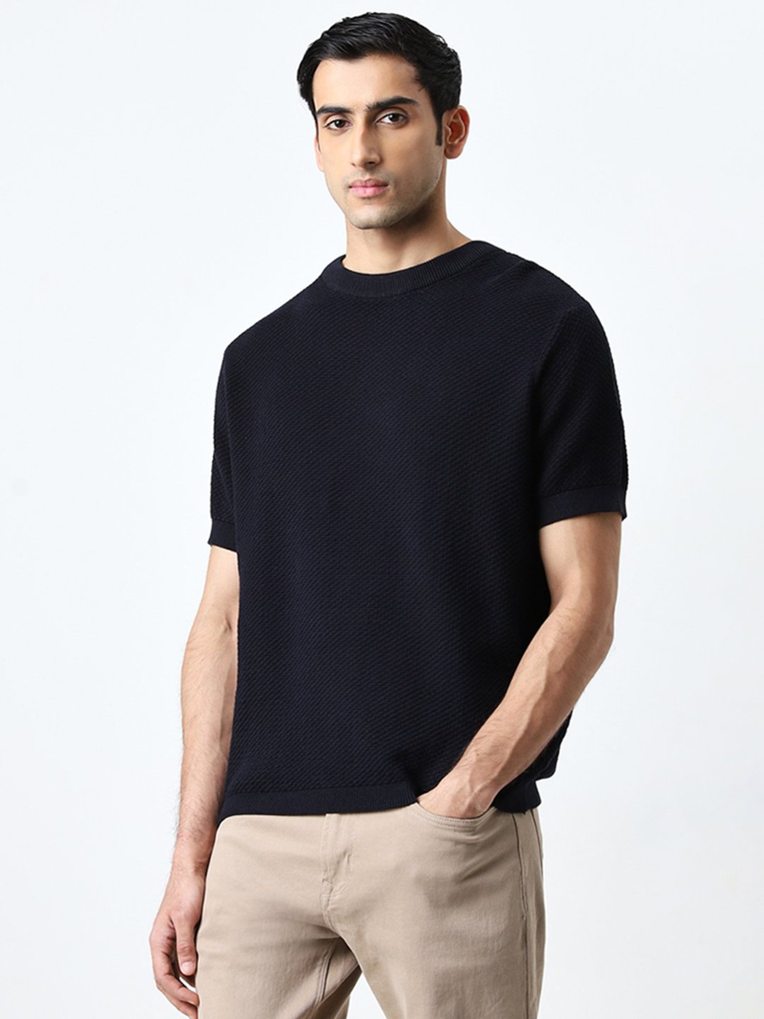 Ascot by Westside Dark Navy Knit Textured Relaxed-Fit Cotton T-Shirt