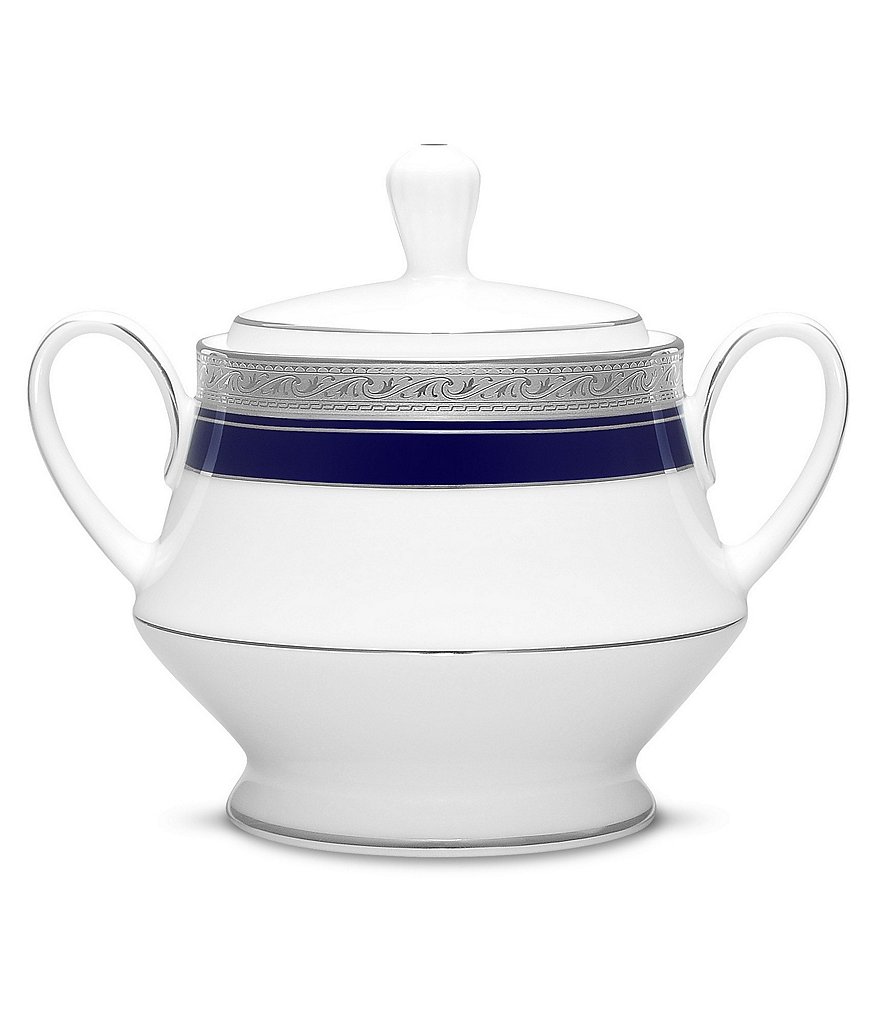 Noritake Crestwood Cobalt Etched Platinum Porcelain Sugar Bowl with Lid