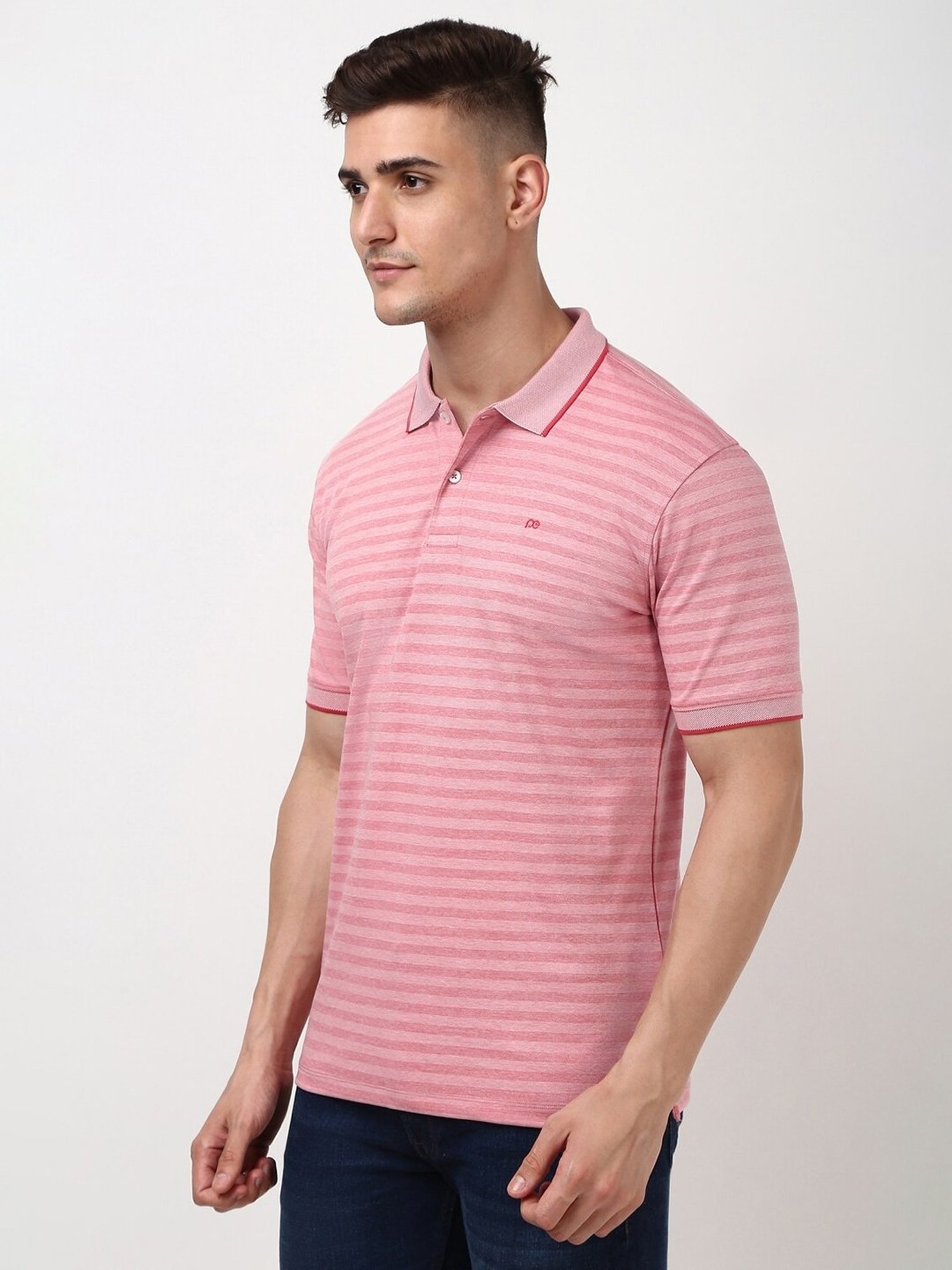 Peter England Pink Regular fit Stripes Casual Polo T-Shirt