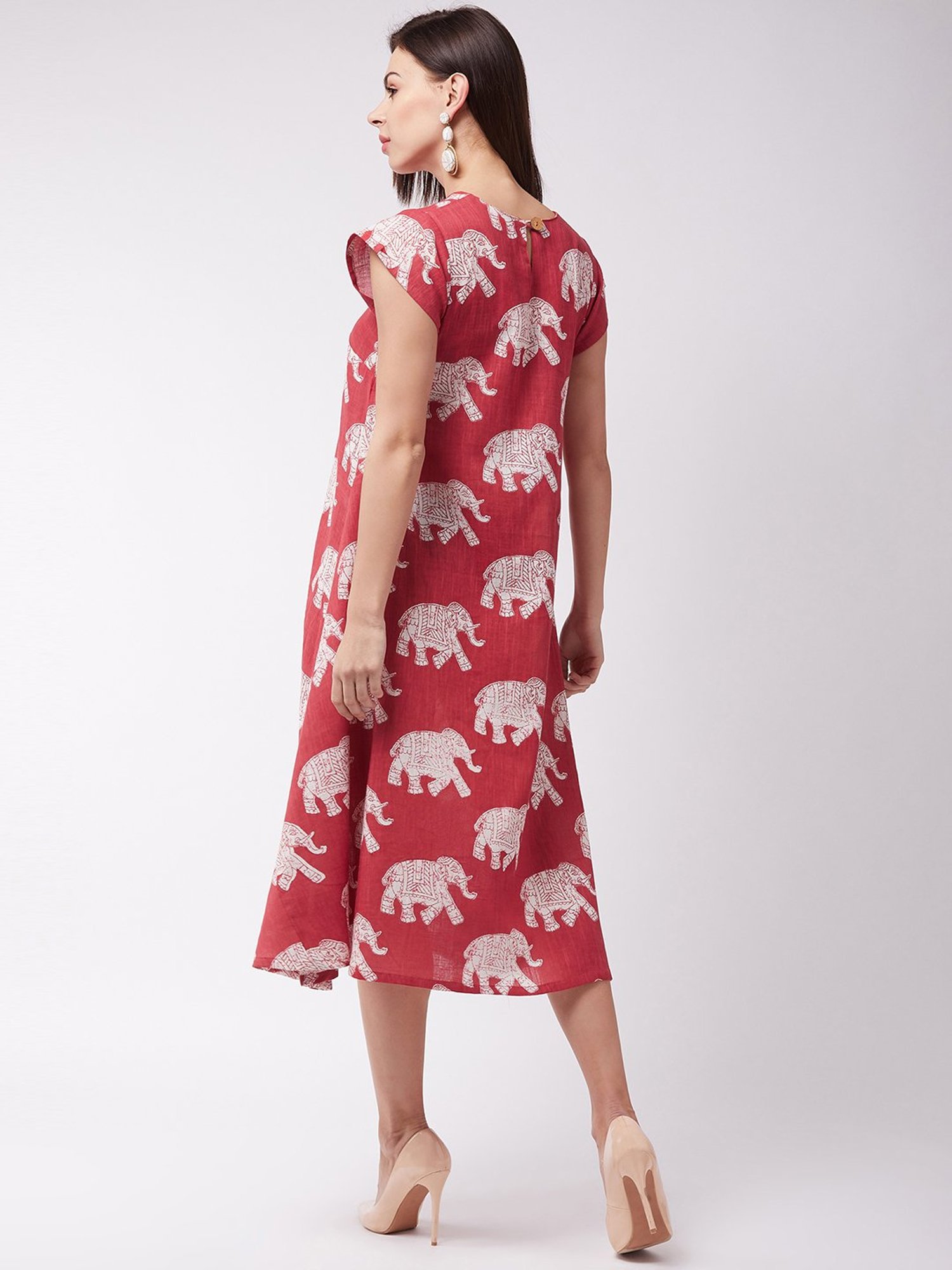 Inweave Red Cotton Printed A Line Dress