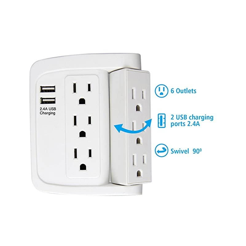 6 Outlet Swivel Wall Adapter, Swivel Outlet with USB Ports, Swivel Wall Tap Adapter White