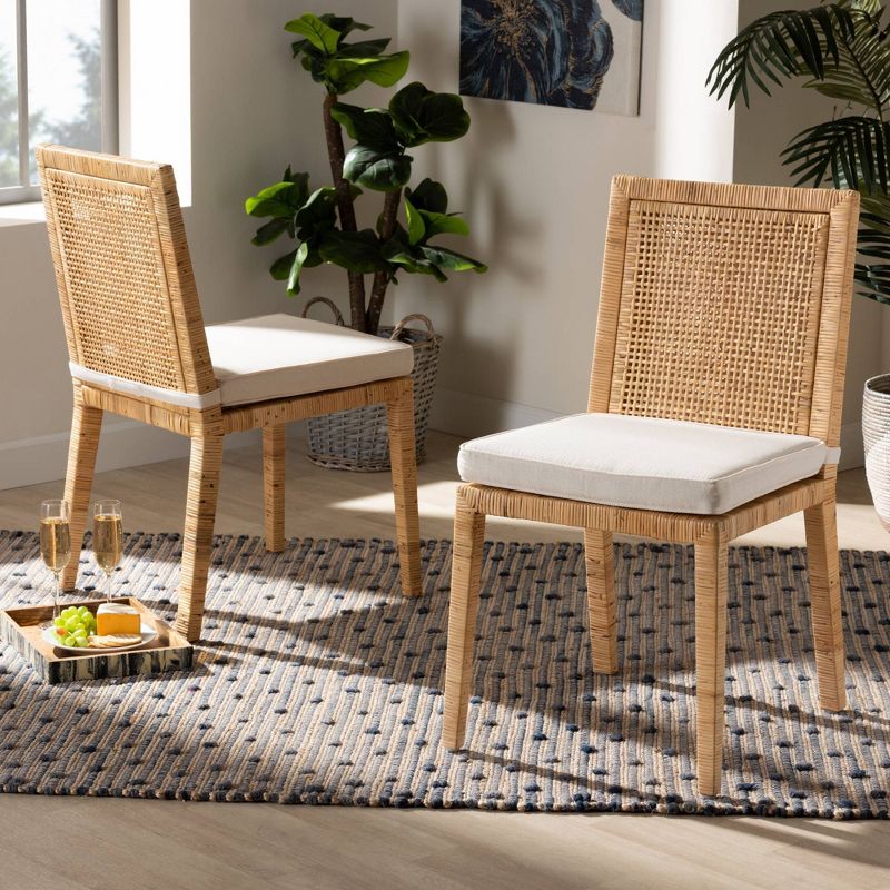 2pc Sofia Wood and Rattan Dining Chair Set Natural/White - Baxton Studio