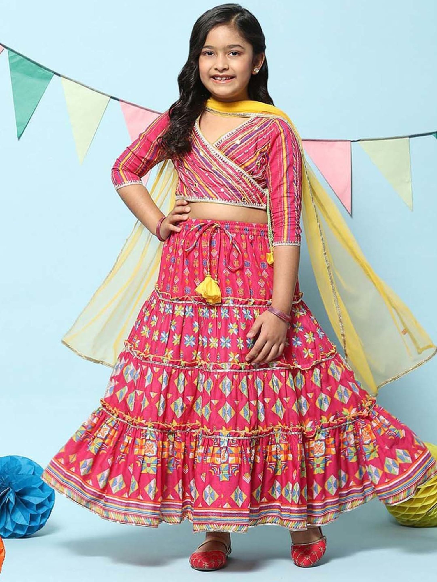 BIBA Girls Kids Pink Cotton Printed Lehenga Set