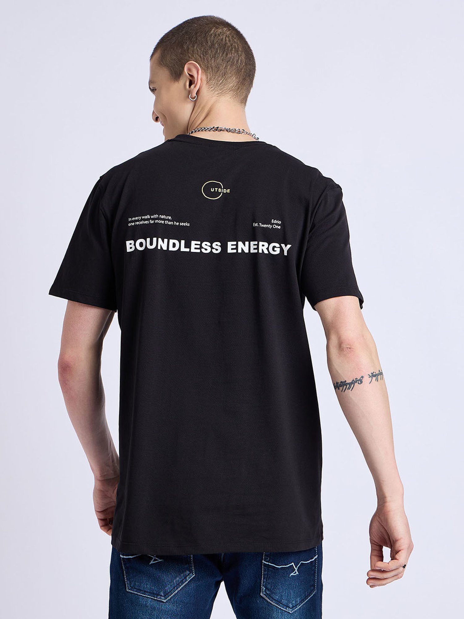 EDRIO Black Regular Fit Printed Crew T-Shirt