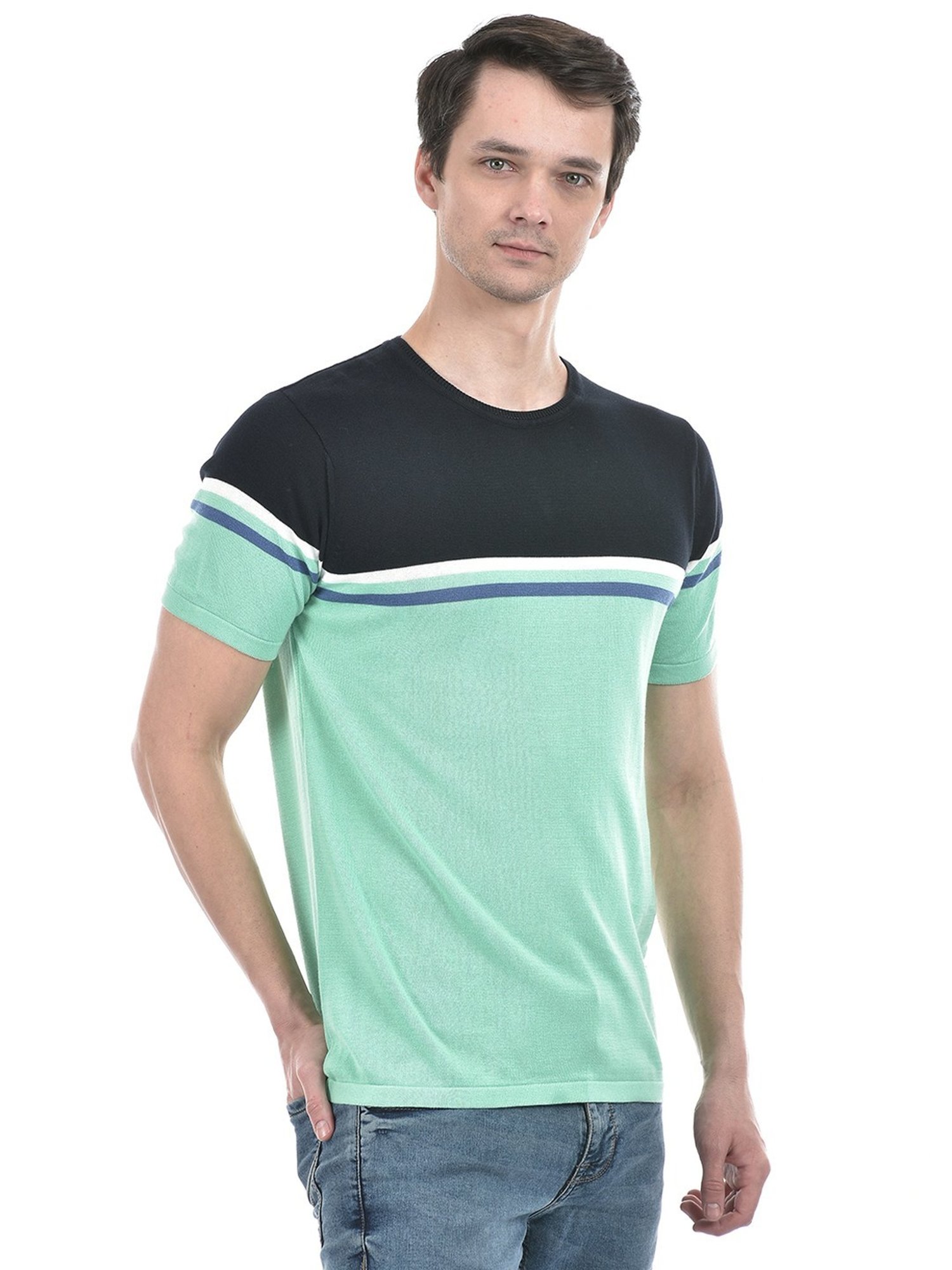 Numero Uno Navy Cotton Slim Fit Colour Block T-Shirt