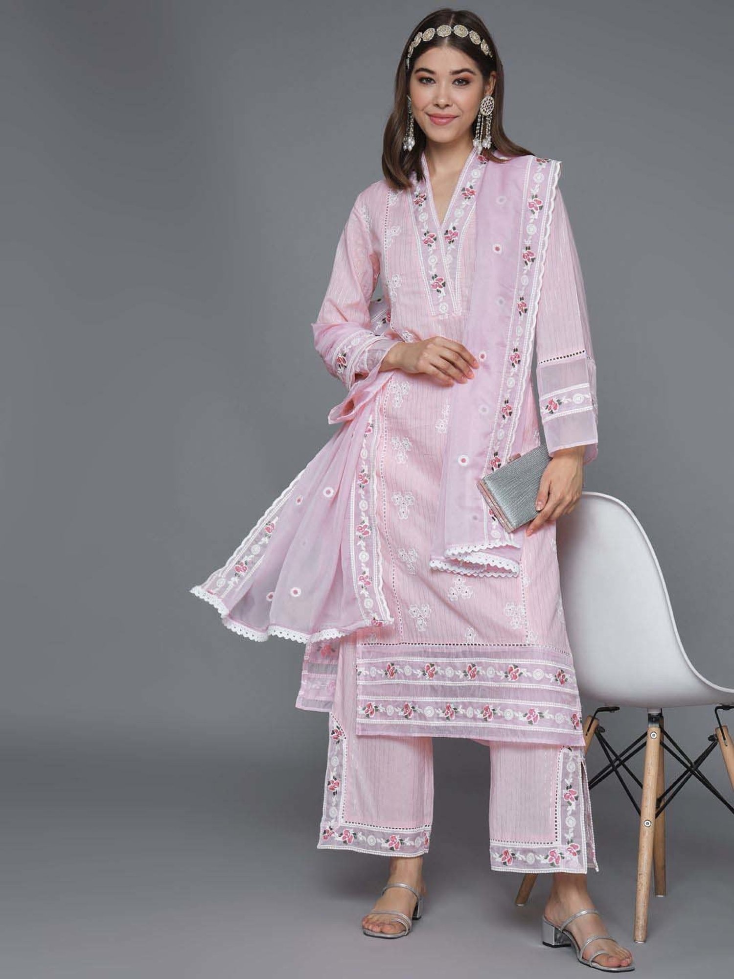 Heeposh Pink Cotton Embroidered Kurta Palazzo Set With Dupatta