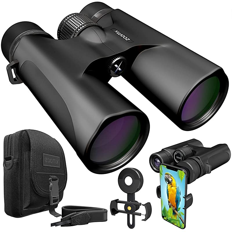 ZoomX Binoculars for Adults 10x42 Waterproof Lightweight Compact Binocular Prism BAK4 FMC Lens HD Binoculars for Bird Watching Hunting Traveling with Smartphone Adapter Carrying Bag Black