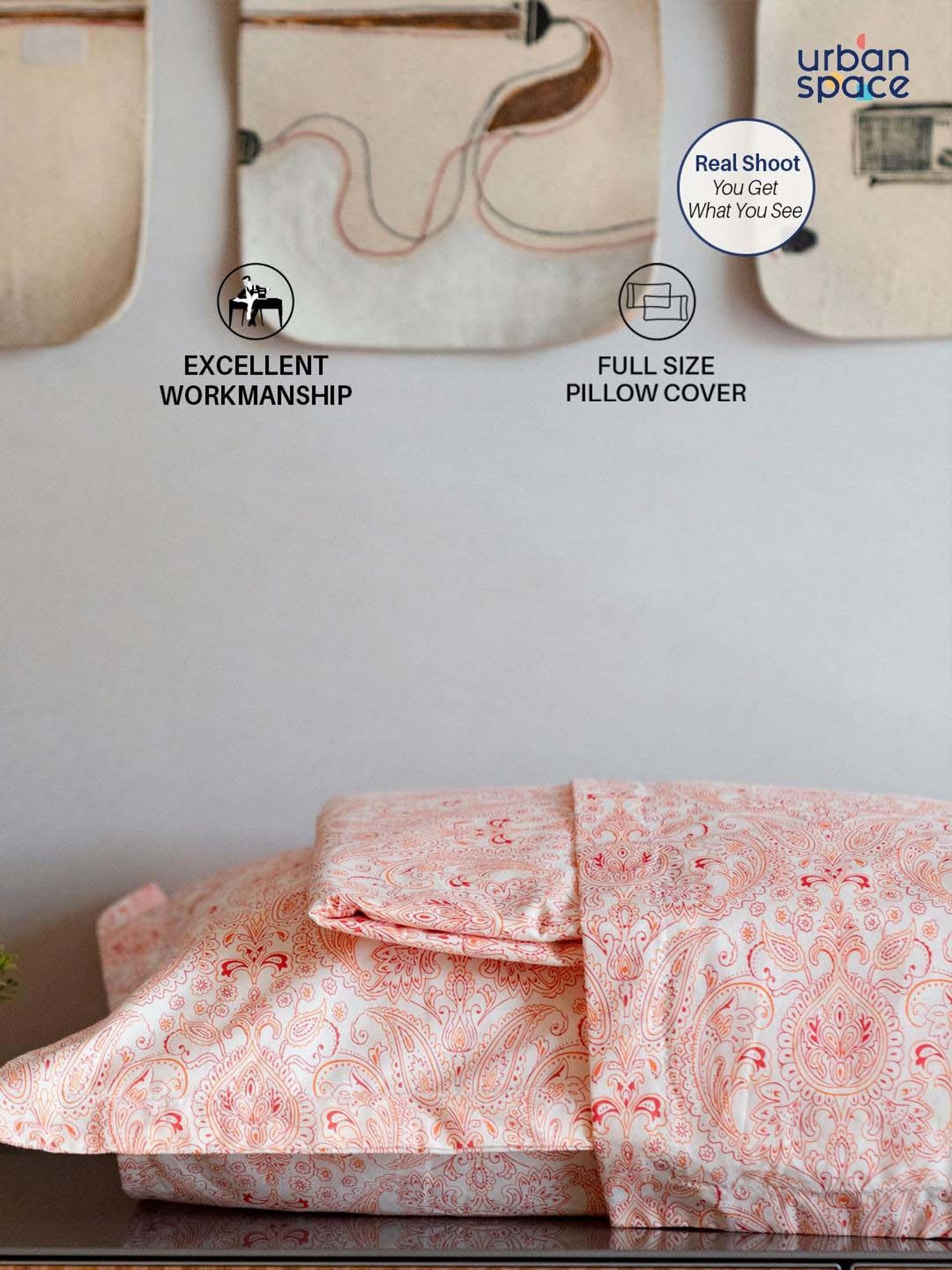 Urban Space Serene Pink Cotton 200 TC King Fitted Bedsheet With Pillow Covers