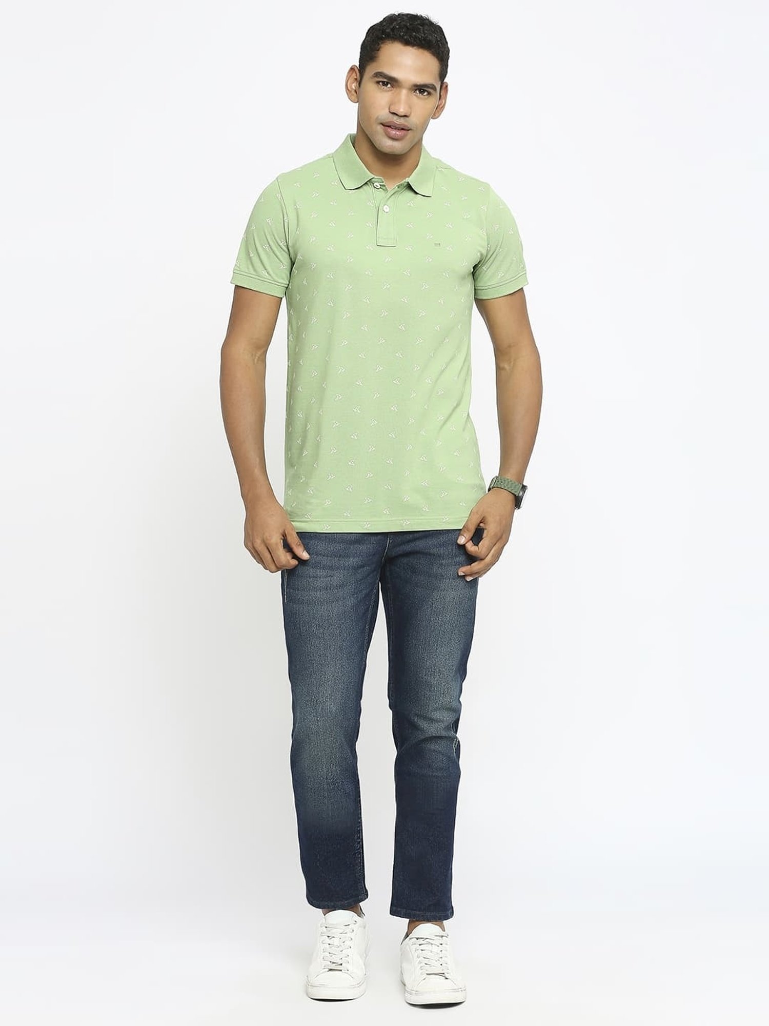 Basics Green Cotton Muscle Fit Printed Polo T-Shirt