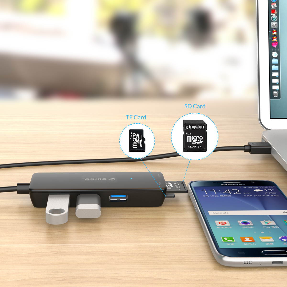 USB3.0 HUB, ORICO 3 Ports USB 3.0 Hub Super Speed with SD/ Micro SD Card Reader Combo For PCs and Laptops