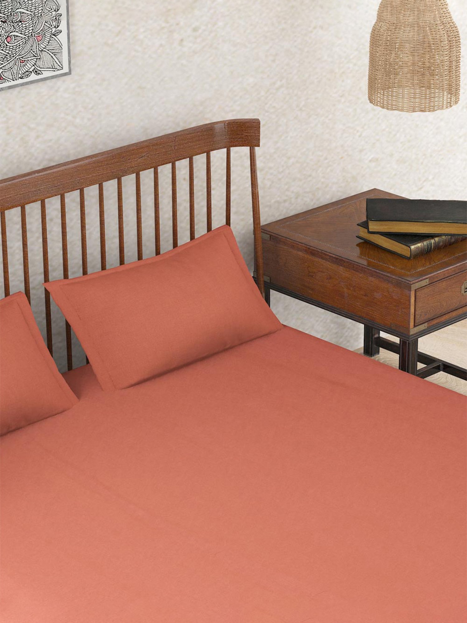 Fabindia Maroon Linen 90 TC Double Bed Sheet With Pillow Covers