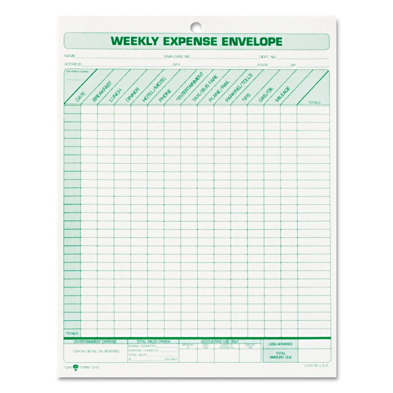 Tops Weekly Expense Envelope 8 1/2 x 11 20 Forms 1242