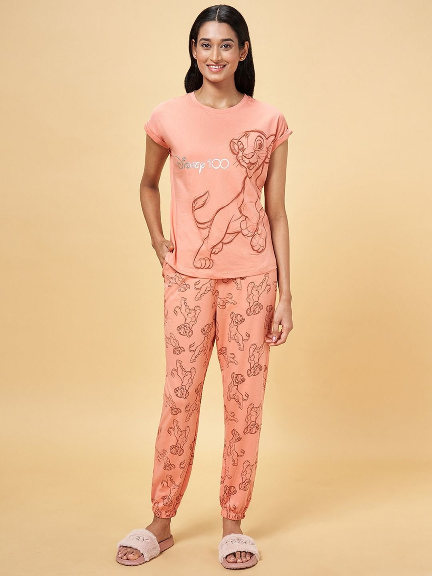 Dreamz by Pantaloons Peach Cotton Graphic Print T-Shirt Pyjama Set