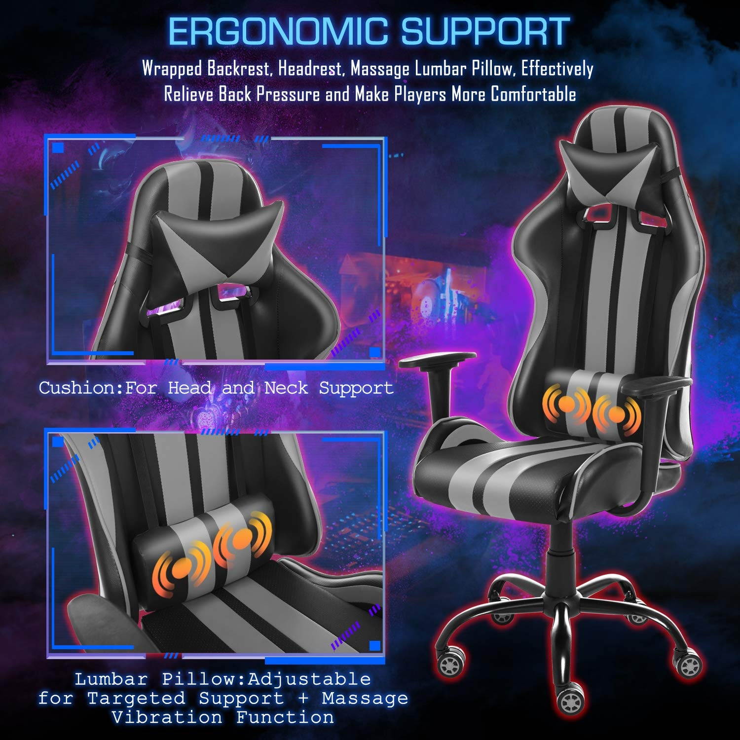 Gaming Chair,Massage Computer Chair,Video Game Chairs,Racing Chair for Gaming with Backrest and Seat Height Adjustable for Adults Teens Gifts(Flash Gray)