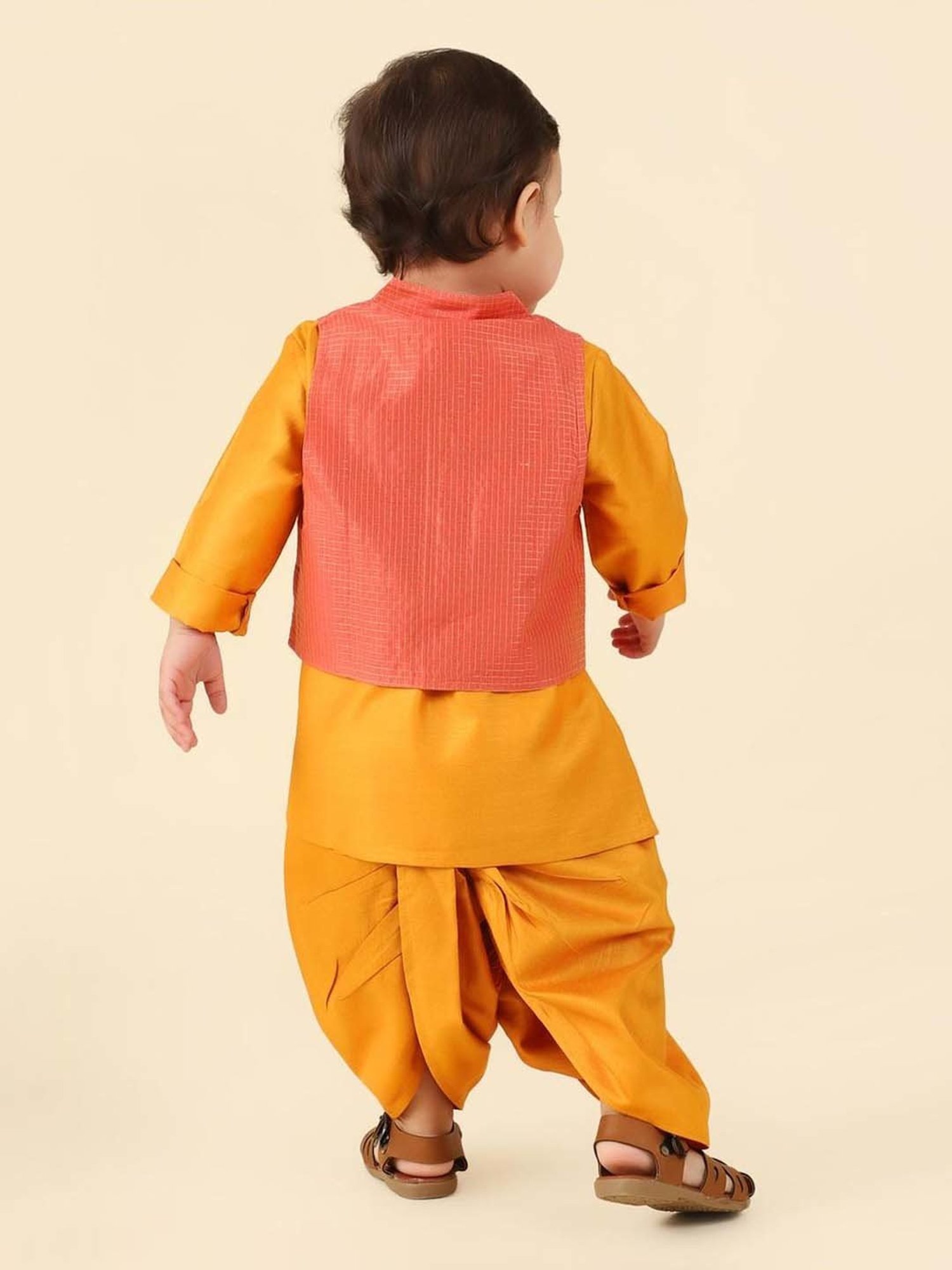 Fabindia Kids Yellow Chequered Kurta, Dhoti & Nehru Jacket