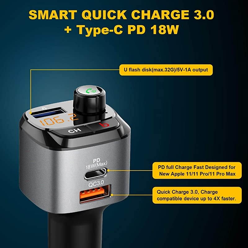 Bluetooth 50 FM Transmitter for Car QC30+TypeC PD 18W Wireless Bluetooth FM Radio Adapter Bass Sound Music Player FM Car Kit with Handsfree Calling and 3 USB Ports Charger Support USB Drive