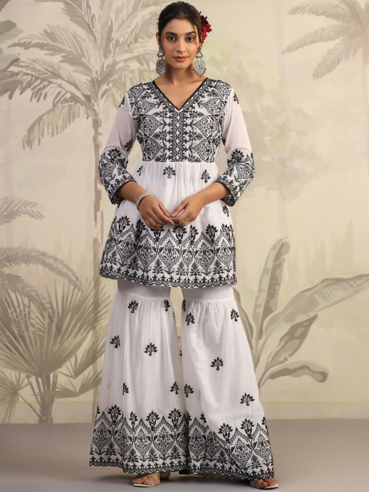 SCAKHI White Mulmul Sequin And Mirror Embroidered Peplum Kurta With Sharara And Dupatta