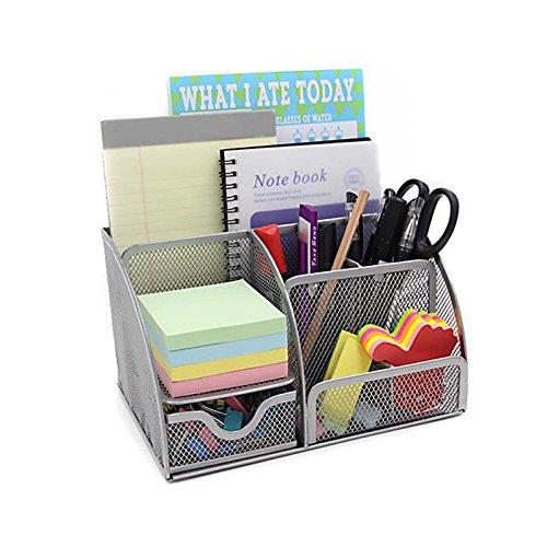 VANRA Office Supply Caddy Metal Mesh Desktop Supplies Organizer School Supply Holder Stuff Storage Organizer 6 Compartments with Drawer (Silver)