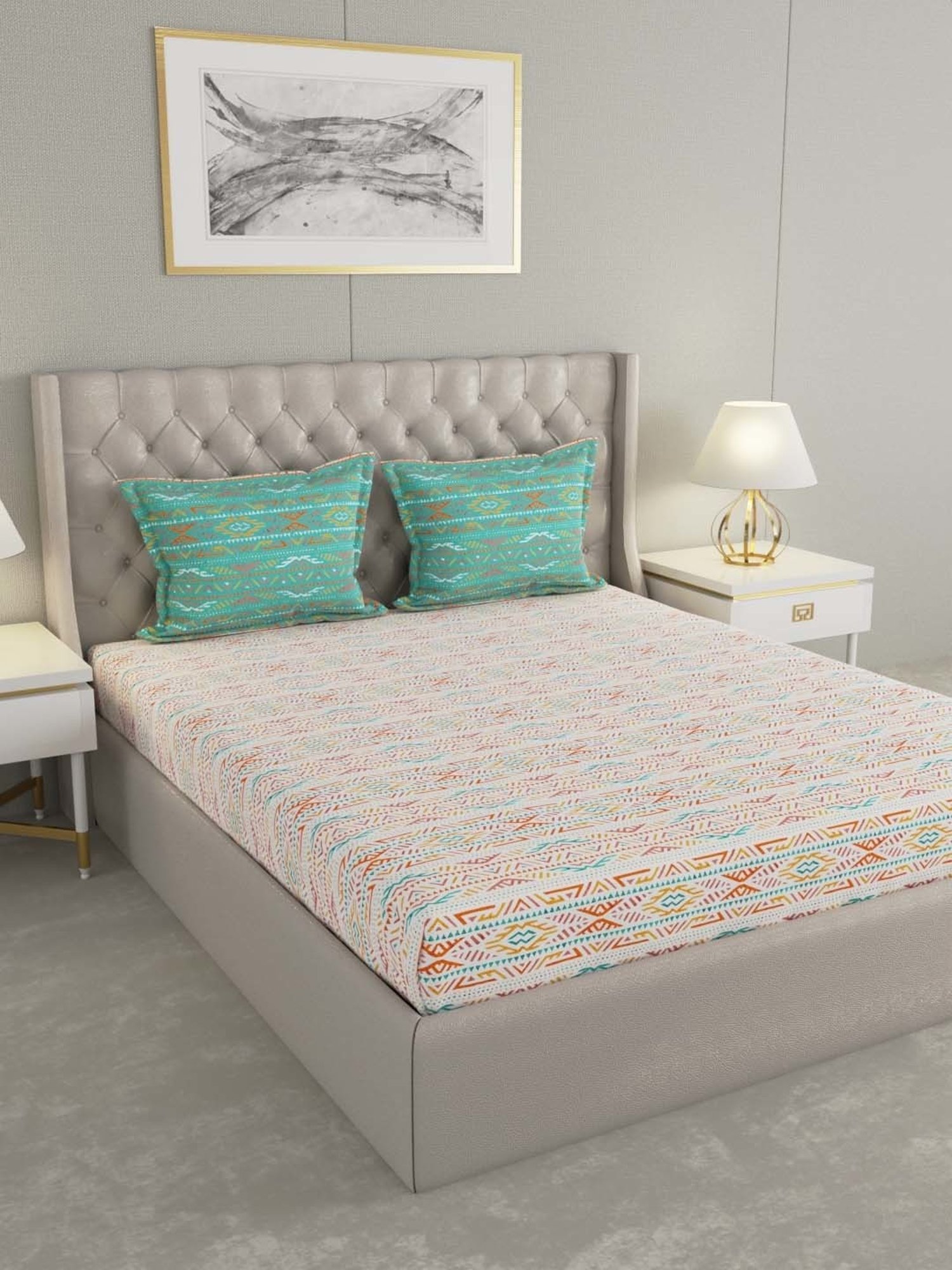 House This Juniper Blue Cotton 600 TC Double Size Bedsheet With Pillow Covers