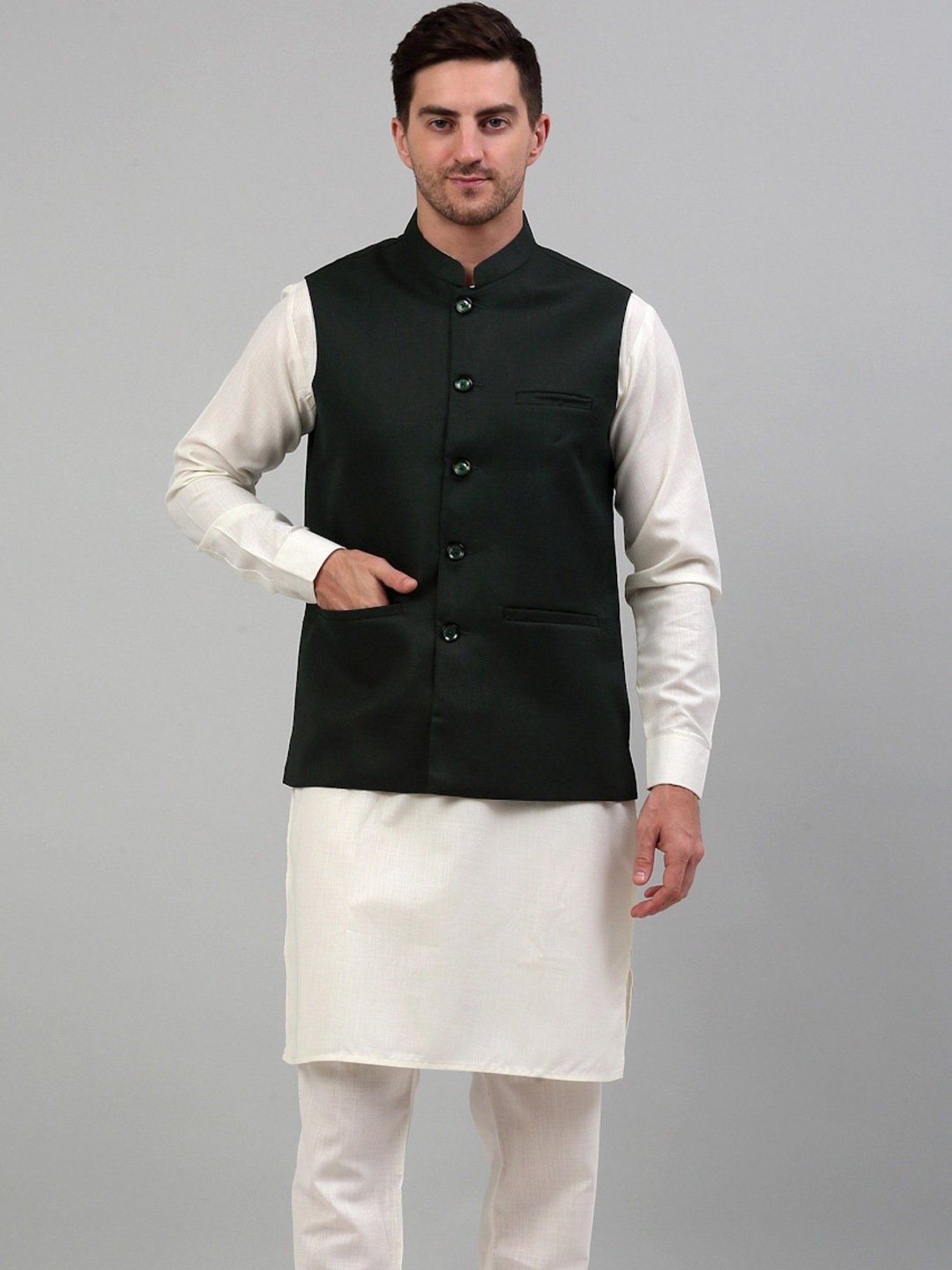 Jompers Olive Regular Fit Nehru Jacket