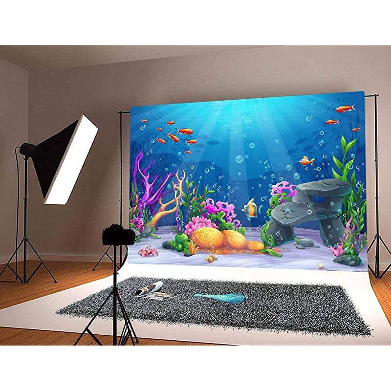7X5ft Underwater World Backdrop Colorful Coral Reef Sea Fishes Photography Background Child Kids Mermaid Themed Birthday Party Backdrop Baby Shower Wallpaper Studio Photo Booth Props CHE008