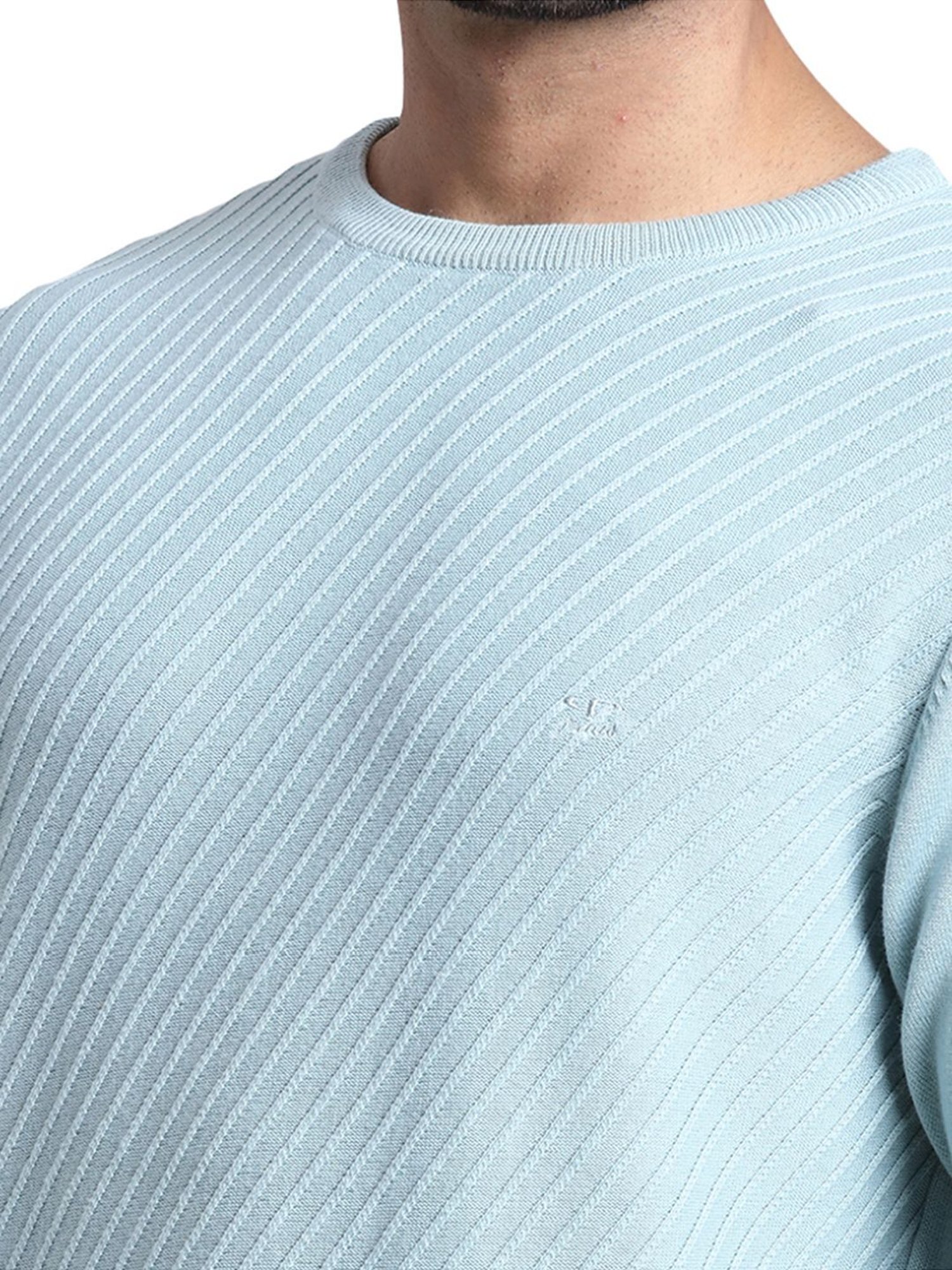 ColorPlus Blue Cotton Tailored Fit Self Pattern Sweater