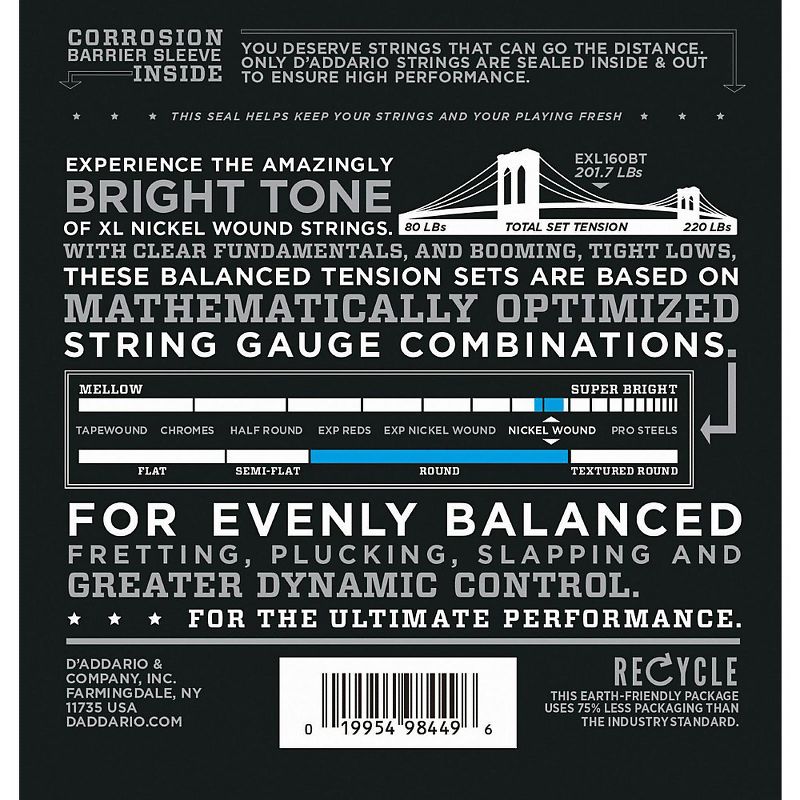 D'Addario EXL160BT Balanced Tension Long Scale Electric Bass String Set (50-120) 2 Pack