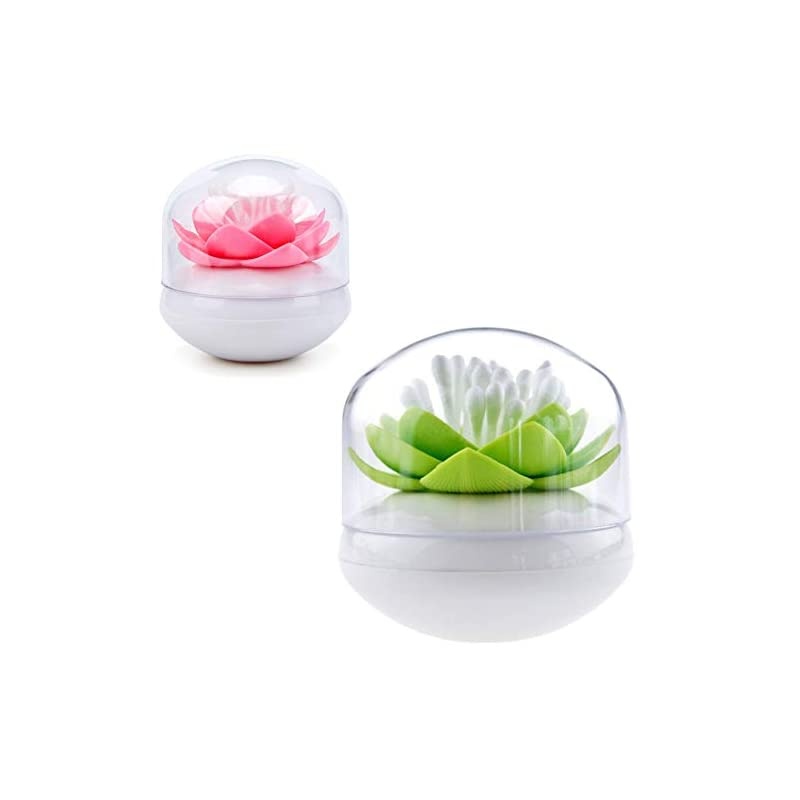 2 PACK  Lotus Cotton Swab Holder,Cotton Bud Small Q-tips Toothpicks Brushes Holder Box Case Storage Organizer Jar with Clear Lid Dustproof Cover Green + Pink